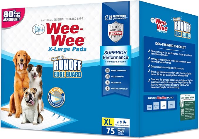 Four Paws Wee-Wee Superior Performance Extra Large Pee Pads for Dogs with Runoff Barrier Edge Guard Protection, Puppy & Dog Potty Training Pads, Housebreaking Supplies, 28" x 34" (75 Count)