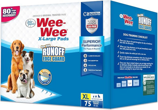 Four Paws Wee-Wee Superior Performance Extra Large Pee Pads for Dogs with Runoff Barrier Edge Guard Protection, Puppy & Dog Potty Training Pads, Housebreaking Supplies, 28" x 34" (75 Count)