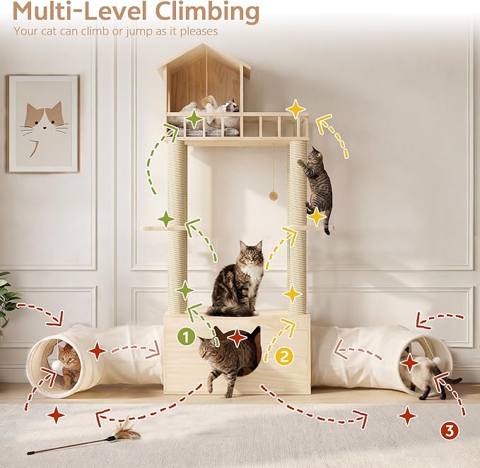 Wood Cat Tree with 2 Tunnels, 61''H Cat Tower for Adult Large Cats | Sturdy & Durable Pet Climbing Systems for Indoor, Multi-Level Wooden Tower with Scratching Posts, Runway, Burlywood