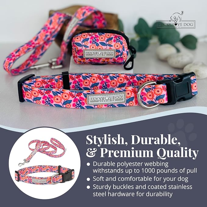 Lucky Love Dog - Easy Click Buckle Dog Collar with Leash Set Combo, Durable & Comfortable for Male & Female Dogs, Pet Collar for Small Dogs, Secure Fit - Floral Rosie Combo, X-Small