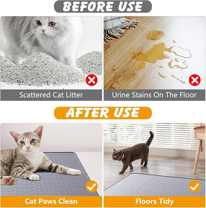 Silicone Cat Litter Mat 34 x 22 in, Waterproof Raised Edge, Gray | Quick-clean silicone, traps litter, stain and odor resistant, non-slip base, for litter box or feeding area