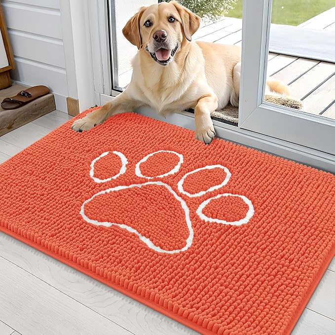 OLANLY Dog Door Mat for Muddy Paws 36x24, Paw Print Design Chenille Mud Mat | Coral, Absorbent, Traps Moisture and Dirt, Non-Slip Washable Doormat, Quick-Drying Indoor Entryway Floor Carpet for Dogs