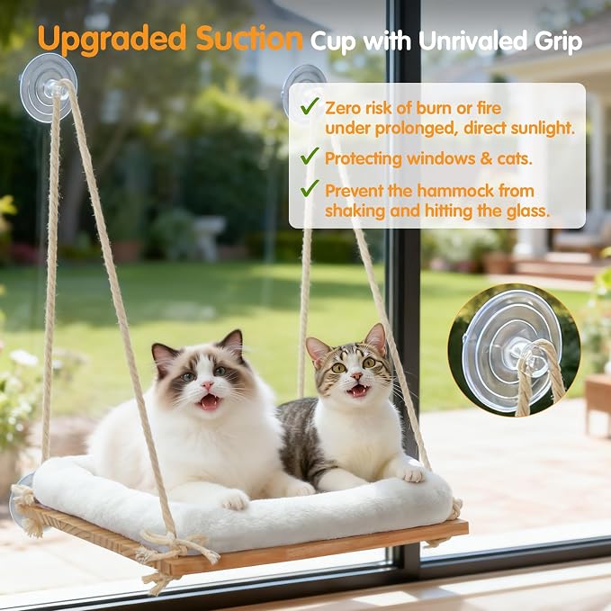 Cat Window Perch Hammock with Solid Wood Seat & Plush Cushion | 4 heavy-duty suction cups, comfortable indoor cat bed & perch, sturdy wooden window seat, space-saving cat hammock
