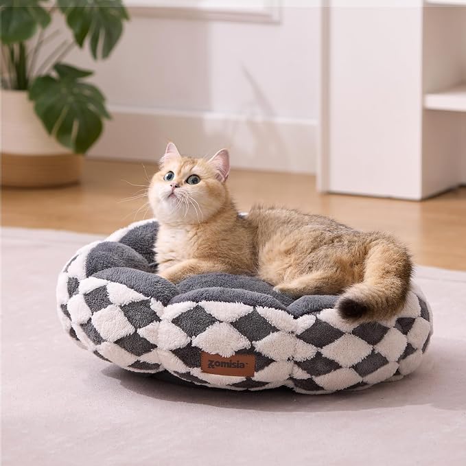 ZOMISIA Cat Beds for Indoor Cats, Cute Donut Kitten Beds for Small Dog, Round Plush Bed for Puppy and Large Cats, Anti-Slip Bottom, Grey