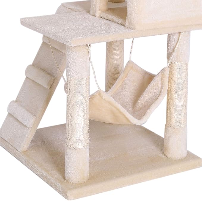 lionto Scratching Tree for Cats with Hammock & Tunnel, Height 52,4 in, cat Tree with sisal Rope & Soft Plush, Cozy Lying Areas & Caves, Suitable for Small & Large Cats, Beige