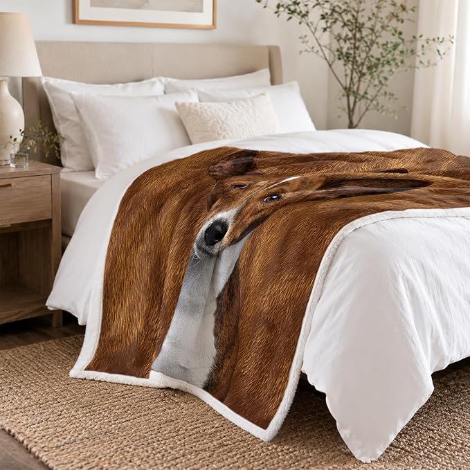 BlessLiving Basenji Brown Throw Blanket with Large Dog Patterns Sherpa Fleece Blanket Couch Bed, Soft Cozy Warm Pet Blankets for Puppy Lovers Cute Animal Print Gift 50x60 Inches