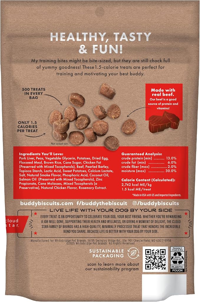 Buddy Biscuits Trainers Training Bites Soft & Chewy Dog Treats, Beef, 10 oz. Pouch | Soft & chewy training bites for dogs, beef flavor, 10 oz. pouch, ideal for training sessions, 1.5 calorie
