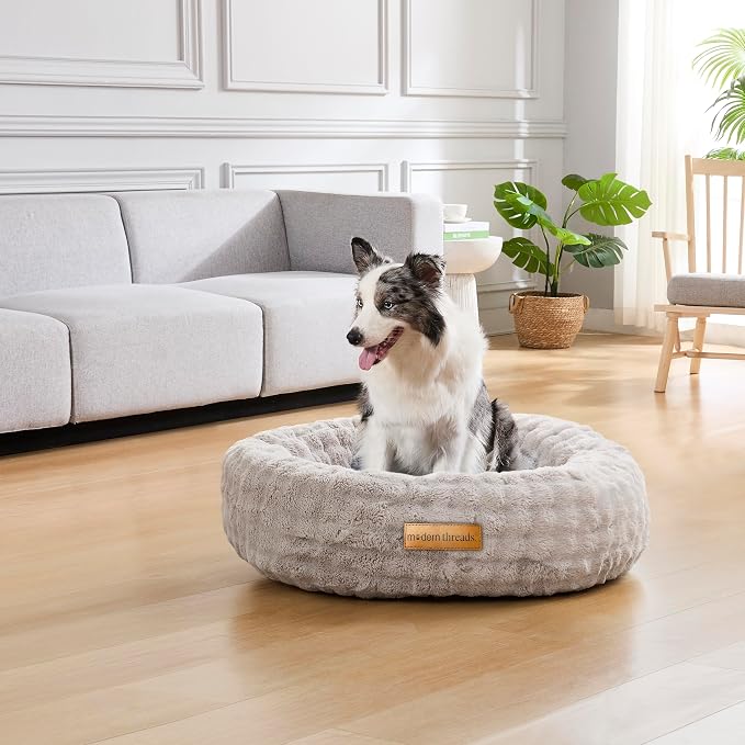 Modern Threads Calming Donut Dog Bed for Medium Dogs, Plush Round Faux Fur Pet Bed with Raised Bolster, Soft Washable Dog Bed, 30x30x9, Gray