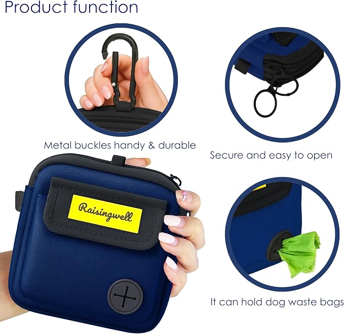 Raisingwell Dog Treat Pouch for Pet Walking and Training with Clicker, Poop Bags and Three Bags Design Small Fanny Zipper Pack Holder for Puppy Snack Dispenser Kit for Leash and Outdoor Use (Blue)