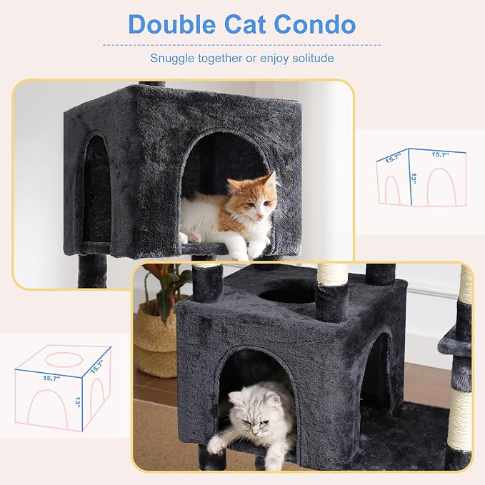 Heybly Cat Tree, 76-Inch Tall Heavy Duty Cat Tower for Big Cats HCT039G | Multi-Level Large Cat Furniture with Extra Wide Baseboard, 2 Condos & 2 Hammocks, 10 Scratching Posts, Smoky Gray