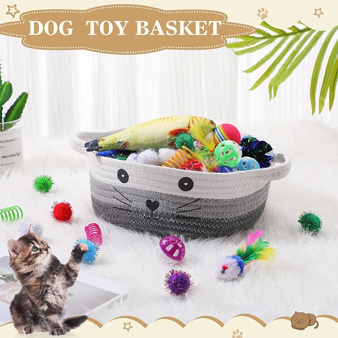 Zopeal 58 Pcs Summer Cat Storage Basket Gift Toys Set, Colorful Flashing Balls Pet Bell Crinkle Balls Spring Toys Attract Cat to Swat, Hunt, Interactive for Pet(Multicolor,9.8 Inch)