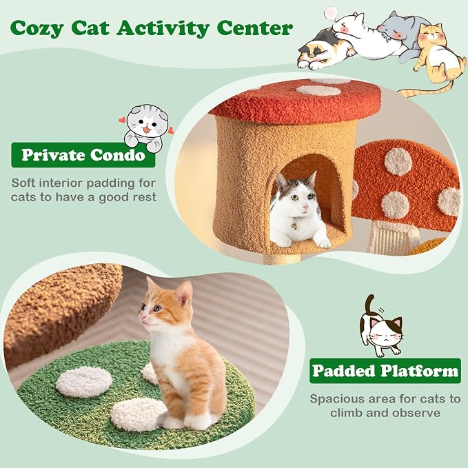 PETSITE Mushroom Cat Tree, 40.5-inch Tall Multi-Level Cat Tower with Natural Sisal Scratching Posts & Boards, Cat Condo and Spring Ball, Cute Cat Tree Tower for Indoor Cats Large Adults, Patented