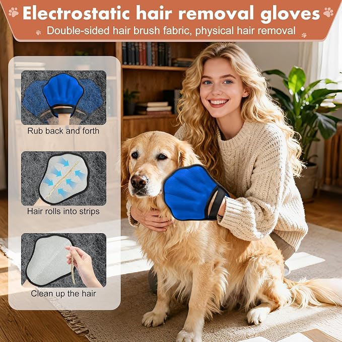 Pet Hair Removal Glove, Electrostatic Pet Hair Remover Glove for Cats & Dogs, Hair Remover Tools for Couch, Carpet, Clothing, Car Seat - Upgraded Five-Finger, Reusable，MediumBlue+Darkgrey