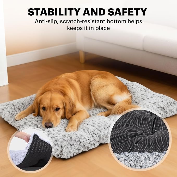 Lafyette. - US Based, Washable Faux Fur Dog Bed, Deluxe Plush Dog Crate Bed, Comfy Kennel Pad, Anti-Slip Pet Sleeping Mat, Soft Cozy Mattress for Large, Medium, Small Size Breed Dogs, 41" x 27", Grey