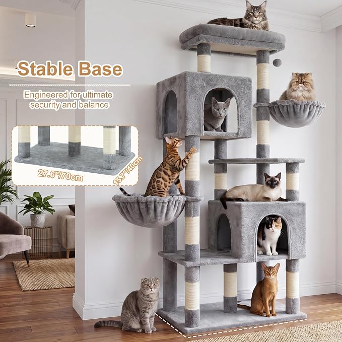 Heybly 68.1" Cat Tree with Oversized Top Platform & Wide Base HCT059W | Heavy Duty Cat Tower for Large Indoor Cats with 2 Condos, 2 Hammocks, 10 Sisal Scratching Posts, Stable Cat House, Light Gray