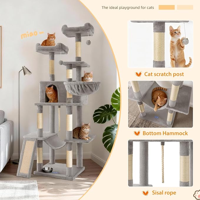 Multi-Level Cat Tree for Large Cats,63 Inches Heavy Duty Cat Tree for Indoor Cat Big Cat Tower with Sisal Scratching Posts Padded Platform, Hammock and Condo