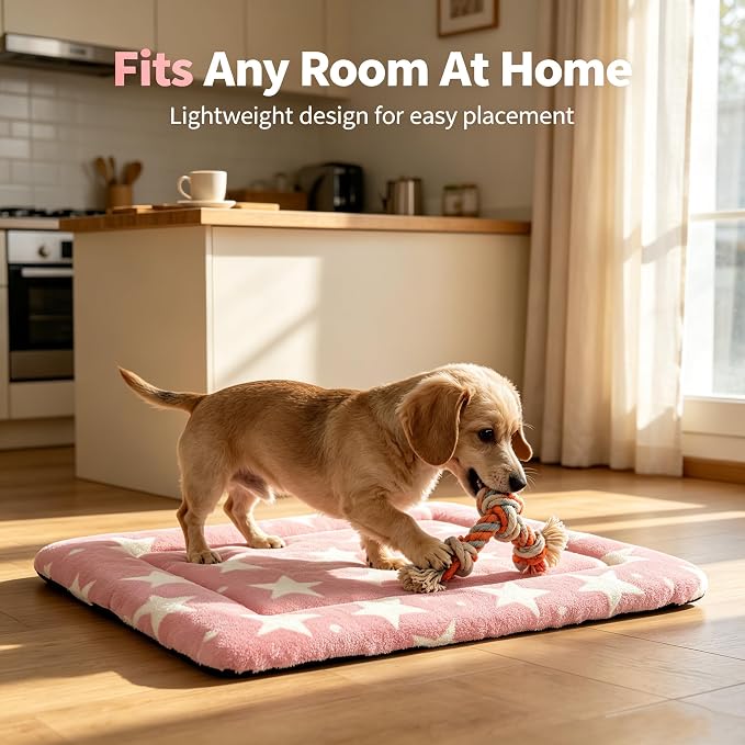 Dog Bed Mat,Reversible & Ultra Soft Kennel Pad-Machine Washable Pet Bed for Dogs & Cats-All-Weather Crate Liner for Crates,Carriers & Travel (Big Star&Pink, 24.0" L x 18.0" W x 1.5" Th)