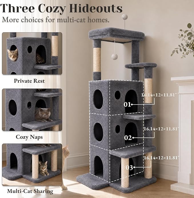 baoheDC 53" Cat Tree for Indoor Cats, Multi-Level Cat Tower with 3 Cozy Cat Condos, Large Top Perch, Sisal Scratching Posts & Climbing Steps, Space-Saving Cat Furniture for Apartments, Grey