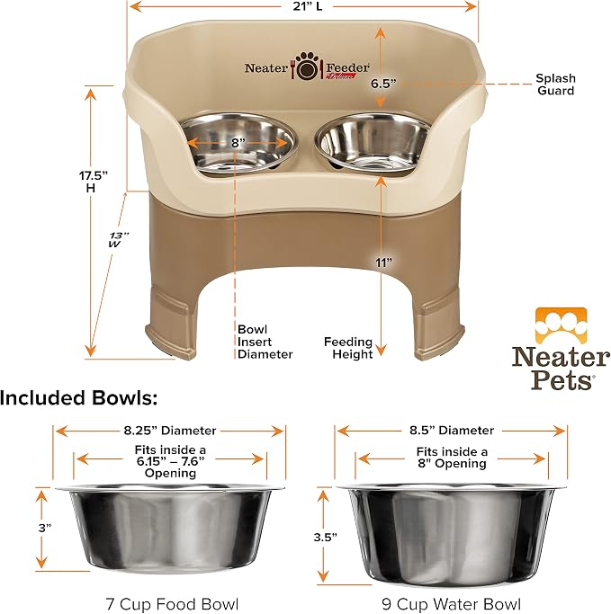 Neater Feeder Deluxe Mess-Proof Elevated Dog Bowls for Large Dogs (40+ lbs), 2 Height Adjustable (14.5” & 17.5”) No-Spill Raised Dog Bowl Stand, Stainless Steel Food Bowl Set, Made in USA, Cappuccino