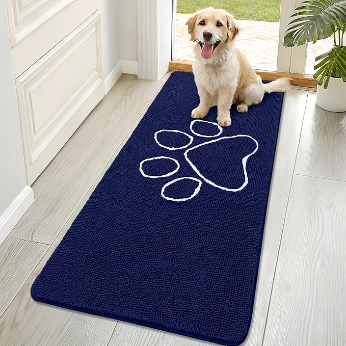 OLANLY Dog Door Mat for Muddy Paws 70x32, Paw Print Design Chenille Mud Mat | Navy Blue, Absorbent, Traps Moisture and Dirt, Non-Slip Washable Doormat, Quick-Drying Indoor Entryway Floor Carpet for Dogs