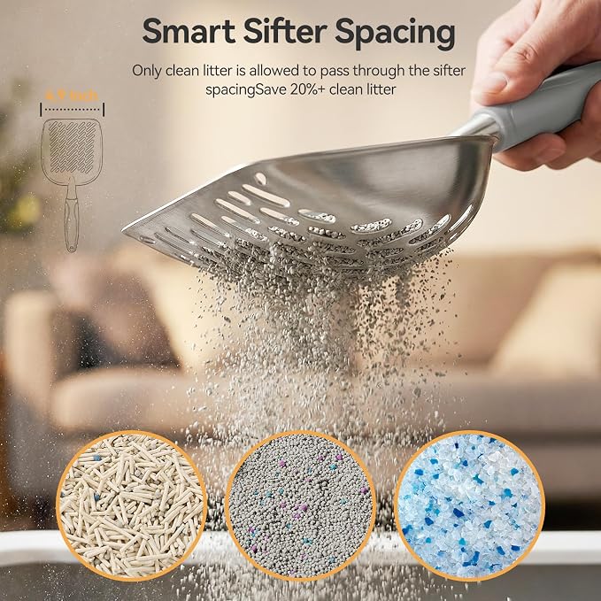 Cat Litter Scoop, Large Long Handle Kitty Metal Scooper, Heavy Duty Aluminum Deep Sifter, Ergonomic Non-Slip Grip, Rustproof Durable Poop Cleaner for Cat Litter Box