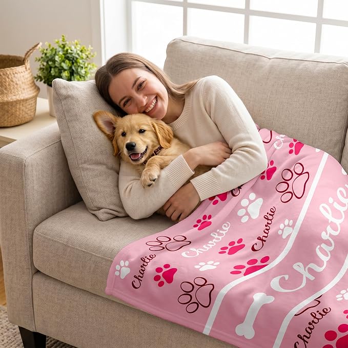 Personalized Dog Blanket, Customized Pet Blankets with Name Picture, Throw Blanket for Small Medium Large Dog Puppy Cat (E-Pink)
