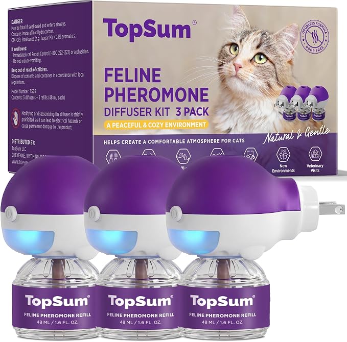 TopSum Cat Calming Pheromone Diffuser: Feline Pheromones Plug in for Stress, Alone At Home, Spraying, Fighting, Scratching, Aggression & Excessive Meowing (Purple, 3 Diffusers+4.8 Fl Oz)