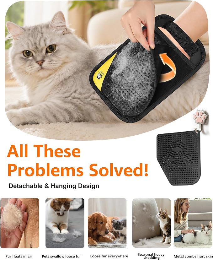 Pet Hair Remover for Furniture, 2-in-1 Pet Hair Removal Glove for Cats Dogs | 5-Finger Design Reusable & Detachable Electrostatic Magic Brush Pet Hair Remover Tools for Carpet, Couch, Car Seat