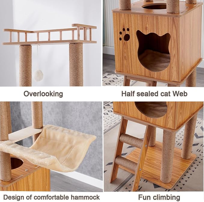 61'' Wooden cat Tree with cat Condo, Cat Stairs Scratching Posts, 2 Bowl,Sisal Scratching Posts,Cozy Cat Hammock and Top Perch. Cat Tree for Large Cats.