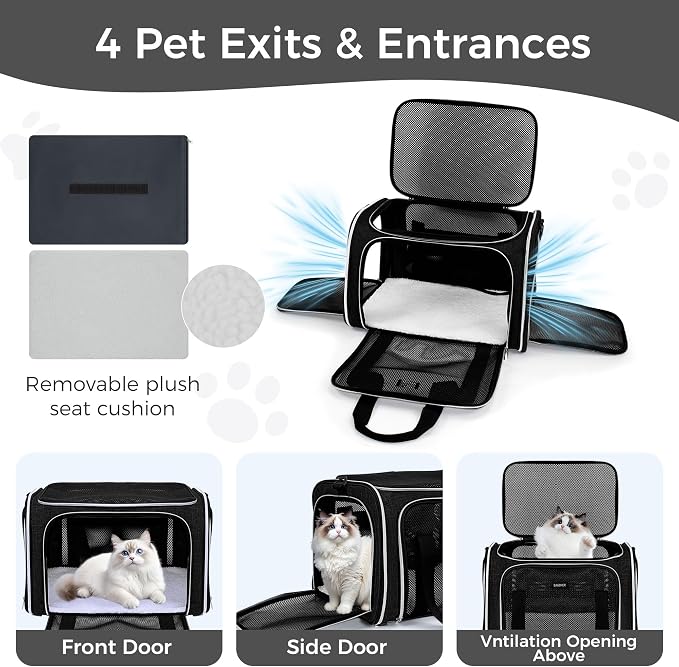 BAGLHER Pet Travel Carrier, Cat Carriers Dog Carrier for Small Medium Cats Dogs Puppies, Airline Approved Small Dog Carrier Soft Sided, Collapsible Puppy Carrier. Black