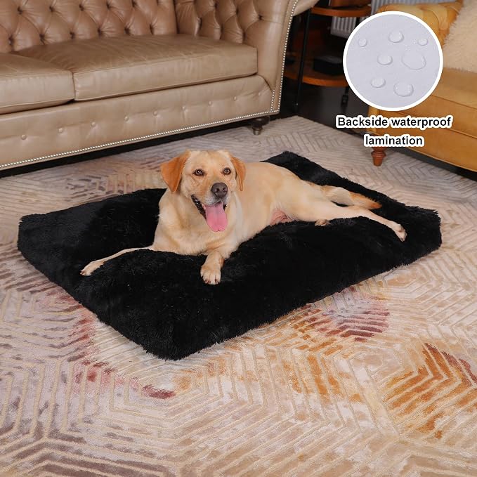 Bedfolks Waterproof Dog Crate Bed, Plush Large Dog Pad, 41"x27", Black | Faux Fur Plush Cover, Zippered Removable Washable Outer, Waterproof Inner Lining, Non-Slip Base, Crate Pad and Dog Pillow