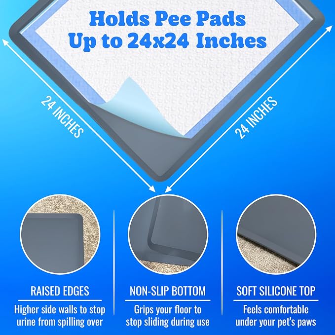 Skywin TidyFriend Dog Pee Pad Holder - Fits Up to 24” x 24” Pee Pad Holder for Dogs - Stable Grip, Soft Edges, Quick Wipe Silicone Surface Dog Pad Holder for Indoor Flooring Protection (Dark Grey)