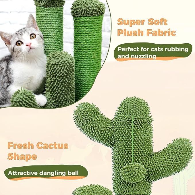 PAWZ Road Cactus Cat Scratching Post 23”Cat Scratcher with Toy Ball | Cactus Cat tree with 3 Sisal & Carpet Scratching Posts, Soft Carpet Base & Top, Interactive Ball for Indoor Cats