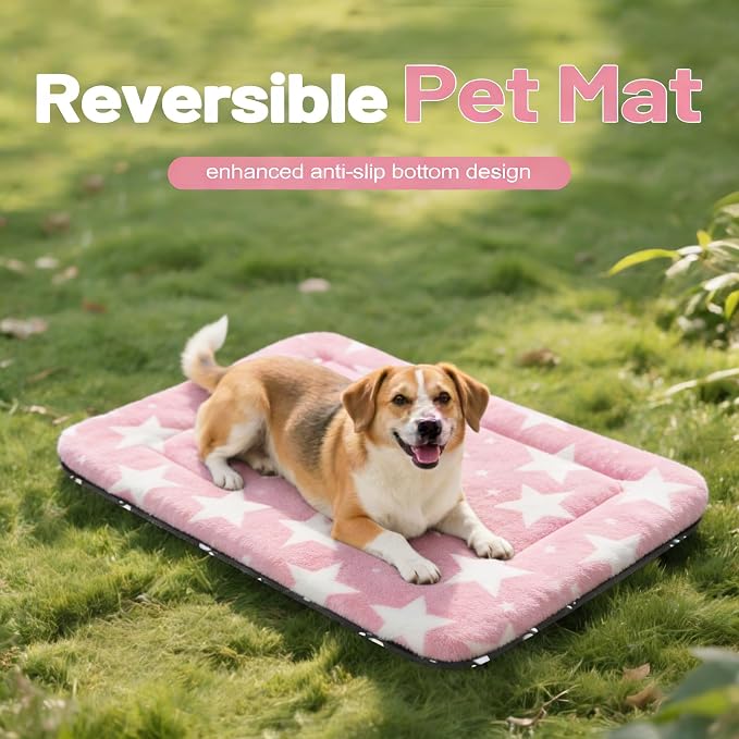 Dog Bed Mat, Reversible Crate Pad & Durable Dog Bed - Machine Washable Kennel Mat with Ultra Soft for Medium Dogs (Big&Small Stars Pink, 30" L*20" W*1.5" Th)