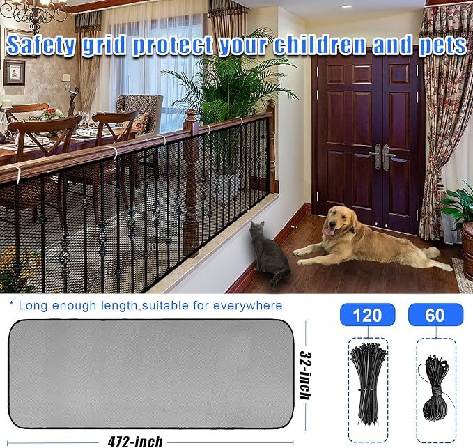 Baby Gate for Stairs, Banister Guard for Kids, Pets, Toys, 39ft L x 2.6 ft H, Mesh Netting Safety Net for Balcony Rail Stair, Stairway Net Baby Safety Products for Indoor & Outdoor (Black)