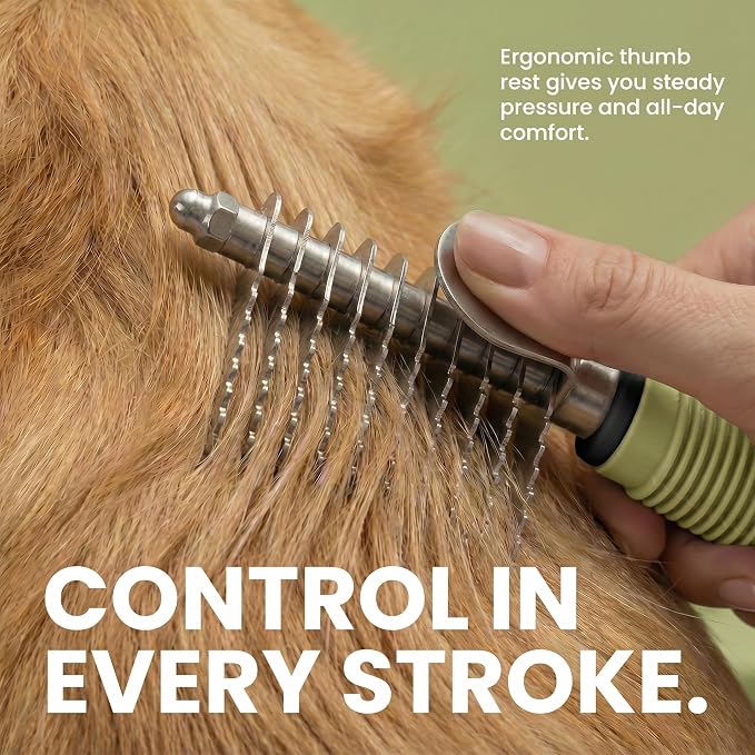 Poodle Dematting Fur Rake Comb Brush for Dogs and Cats - Long 2.5" Steel Safety Blades Metal Comb for Detangling Matted or Knotted Undercoat Hair (Green)