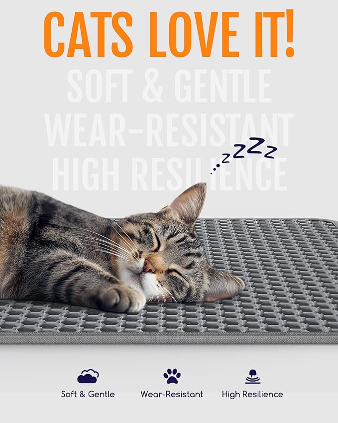 Powools Cat Litter Mat - 30" x 24" Large Litter Box Mat with Double Layers, Urine-Proof and Non-Slip Litter Trapping Mat, Easy to Clean Kitty Litter Mats for Floor, Scatter Control, Grey