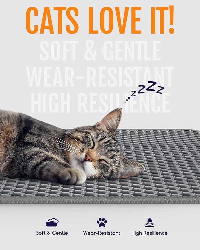 Powools Cat Litter Mat, Double-Layer, 46 x 35 in, Urine-Proof, Grey | Non-Slip Litter Trapping Mat, Easy to Clean, Kitty Litter Mats for Floor, Scatter Control, Waterproof Litter Box Mat for Cats