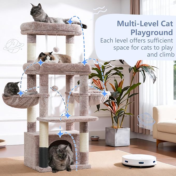 Hey-brother Cat Tree Tower with Extra Large Platform, Big Condo, MPJ070MU | 51.1 Inches Scratching Posts with 2 Cozy Hammocks, Self-Grooming Brush for Indoor Adult Cats, Maine Coon, Muchroom