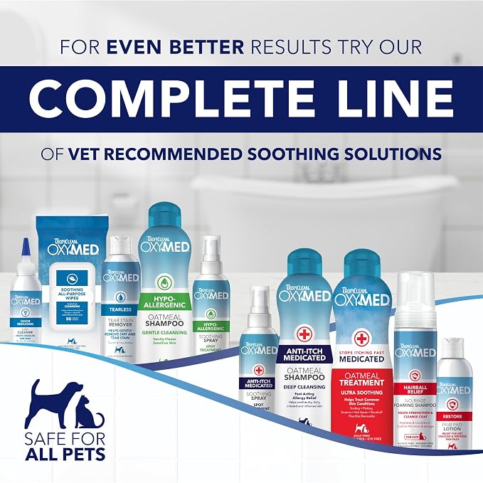 TropiClean OxyMed Hypoallergenic Dog Shampoo for Allergies and Itching, Skin Soothing Shampoo for Pets with Sensitive Skin, Tearless, Cat Safe, 20oz.