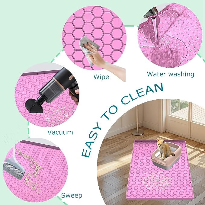 Cat Litter Mat for Litter Box, Silicone Large Cat Litter Trapping Mat - 28x19 in, Waterproof & Non-Slip, Durable & Easy Clean, Pink