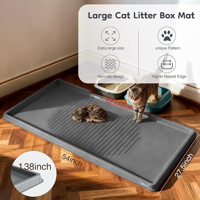 ISSEVE XXL Cat Litter Mat, Extra Large Silicone Litter Box Mat, Dark Grey | 54" x 27.5" XXL, 1.38" Raised Edge, Urine Proof, Litter Trapping Mat for Scatter Control, Soft on Kitty Paws, Protect Floor