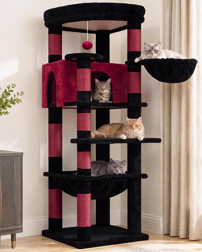 Heybly 53.1" Corner Cat Tree for Large Cats – Interactive Play HCT029BR | Sturdy Cat Tower with Cozy Cat Condo, Fan-Shaped Top Perch, Basket, Hammock & Solid Base, Black and Red