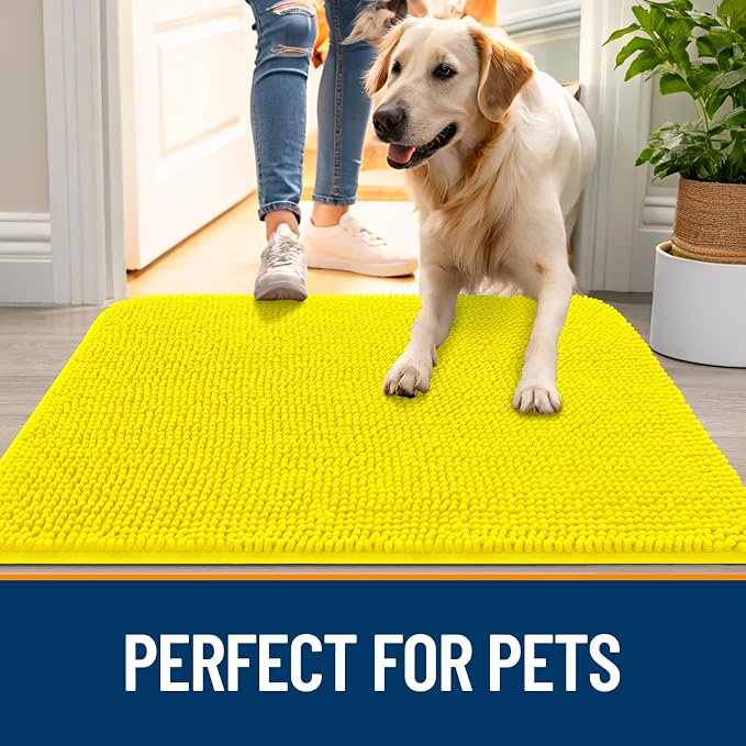 OLANLY Dog Door Mat for Muddy Paws 36x24, Super Absorbent Chenille Mud Mat | Lemon Yellow, Absorbs Moisture and Dirt, Non-Slip Machine Washable Doormat, Quick-Dry Indoor Entryway Floor Carpet for Dogs