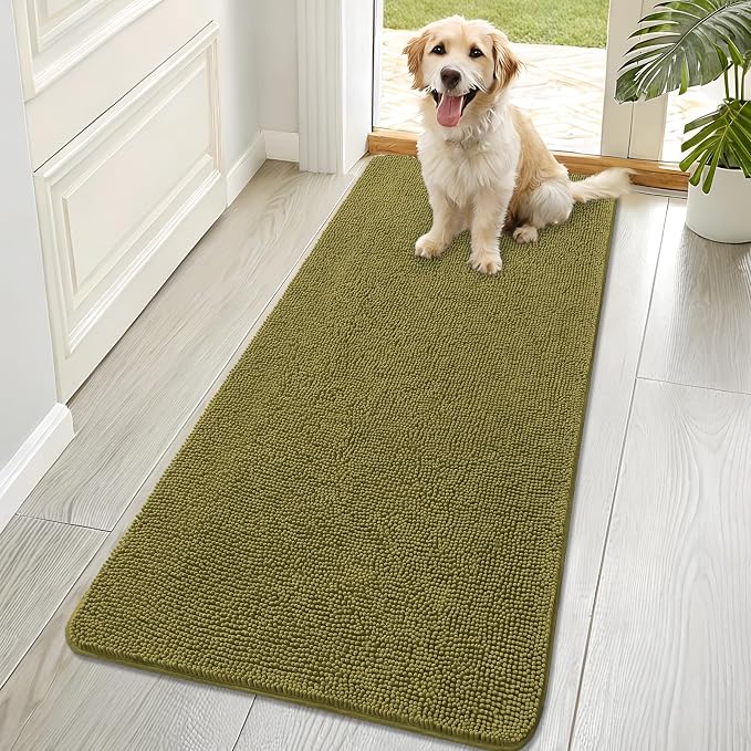 OLANLY Dog Door Mat for Muddy Paws 70x32, Super Absorbent Chenille Mud Mat | Willow Green, Absorbs Moisture and Dirt, Non-Slip Machine Washable Doormat, Quick-Dry Indoor Entryway Floor Carpet for Dogs