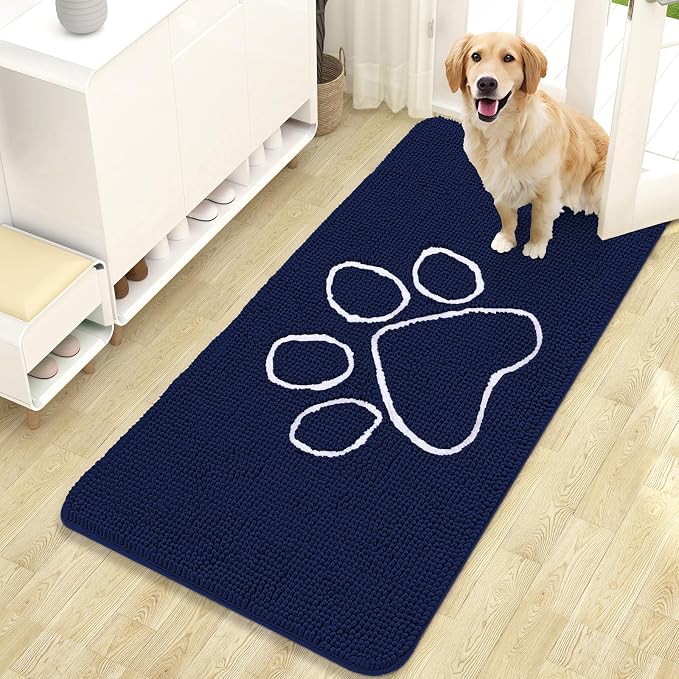 OLANLY Dog Door Mat for Muddy Paws 47x24, Paw Print Design Chenille Mud Mat | Navy Blue, Absorbent, Traps Moisture and Dirt, Non-Slip Washable Doormat, Quick-Drying Indoor Entryway Floor Carpet for Dogs