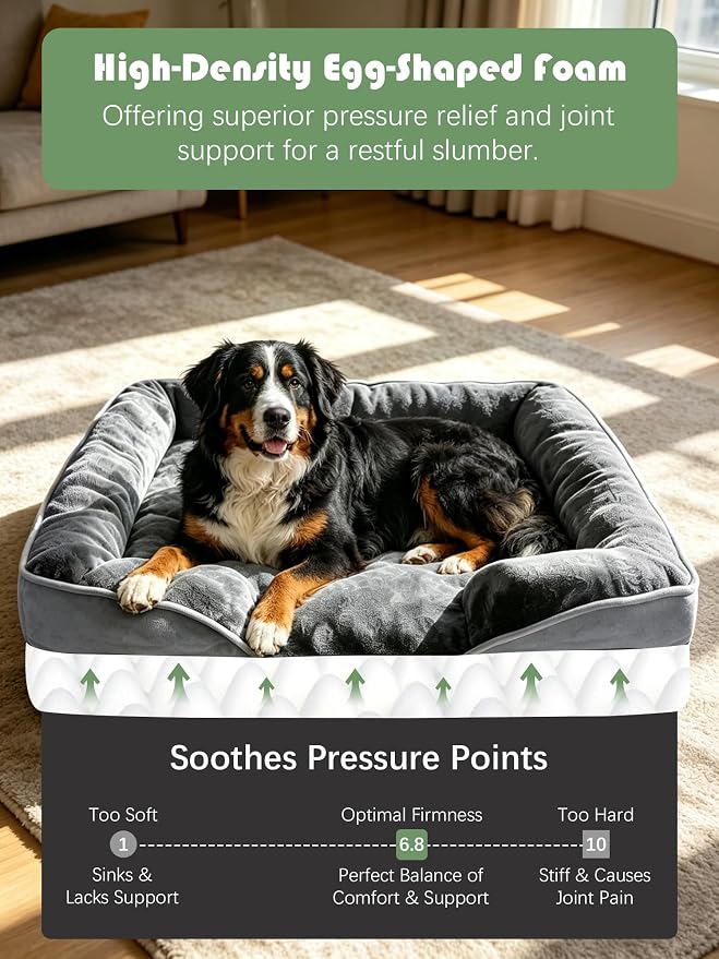 Spotted Play Orthopedic Dog Bed with Sides - Dog Sofa Beds for Extra Large Dogs, Supportive Foam Pet Couch Bed with Washable Removable Cover, Waterproof Lining and Non-Slip Bottom, Grey - XL-Plus