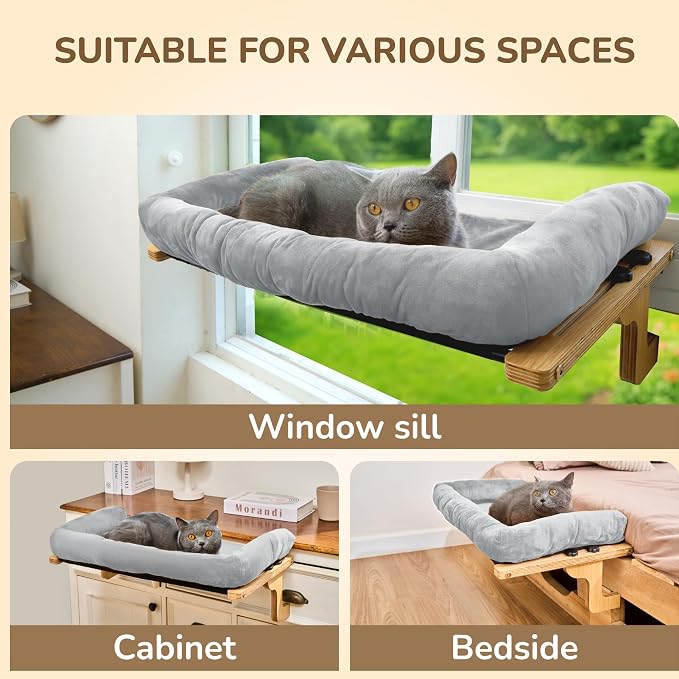 [Ready to Gift] PURRHOUSE Cat Window Perch with Cushion Bolster and Cool Pad, Cat Hammocks for Windows with Wood & Robust Metal Frame for Large Cats, Beds for Windowsill, Bedside and Cabinet,24''W