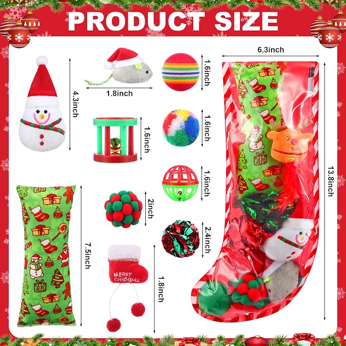 Soulchen 11 Pcs Christmas Cat Toys Stocking Gift Holiday Catnip Interactive Cats Toy Gift Set with Santa, Snowman, Plush Balls, Crinkle Mice, Variety Pack for Indoor Cats, Pet Stocking Present