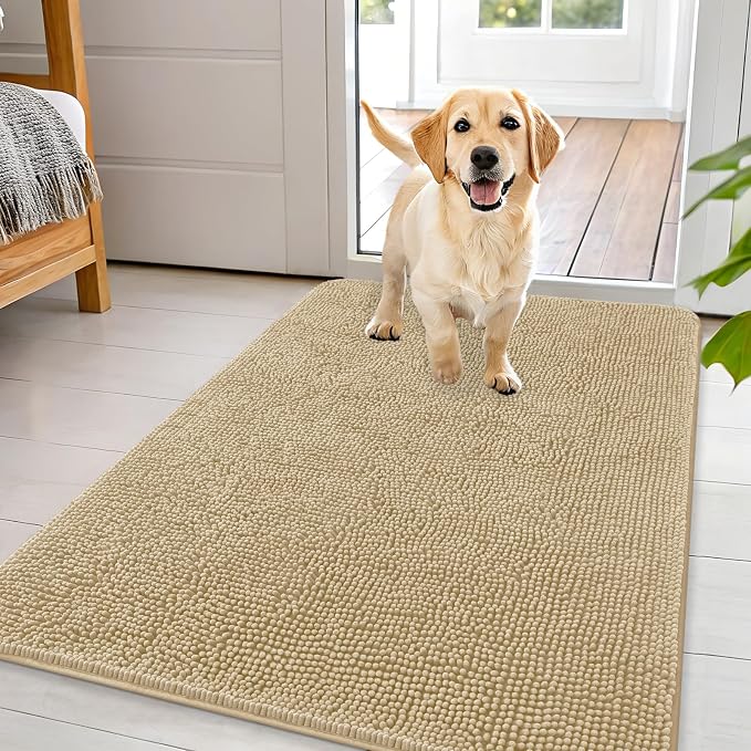 OLANLY Dog Door Mat for Muddy Paws 44x32, Super Absorbent Chenille Mud Mat | Beige, Absorbs Moisture and Dirt, Non-Slip Machine Washable Doormat, Quick-Drying Indoor Entryway Floor Carpet for Dogs